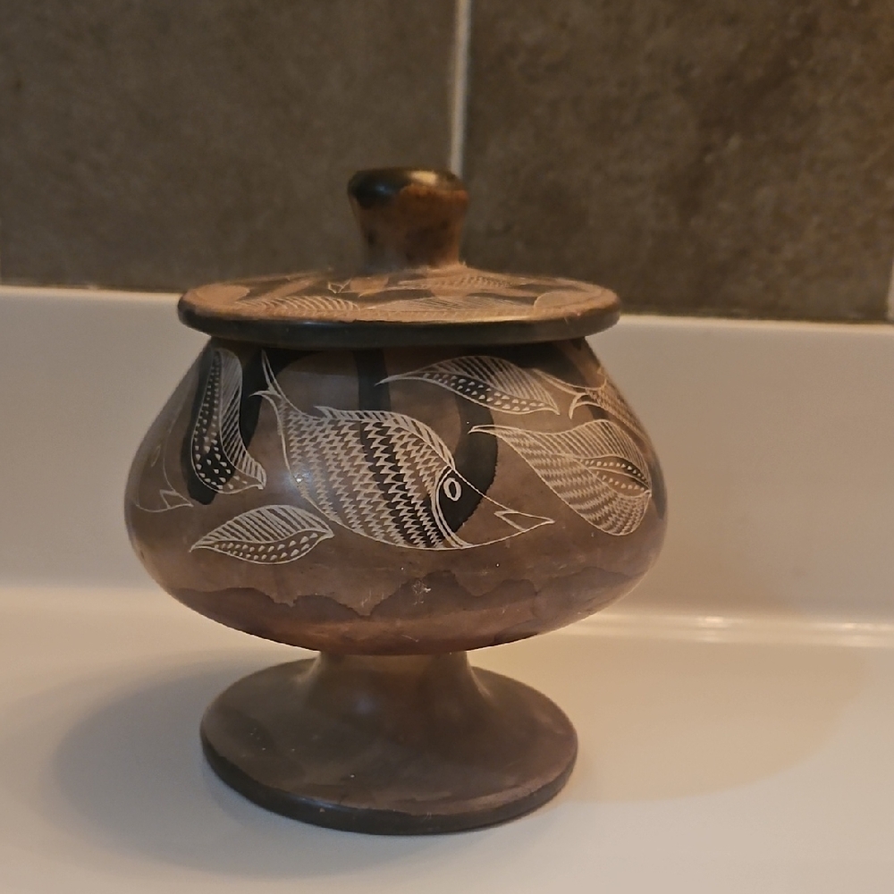 Vintage Hand Carved Soapstone Pedestal Lidded Pot Trinket Box Vase Fish Pattern
